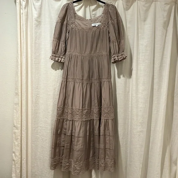Like-new Hunter Bell Evelyn Lace Cotton Silk Maxi Midi Dress Clay size 4 - Picture 6 of 11